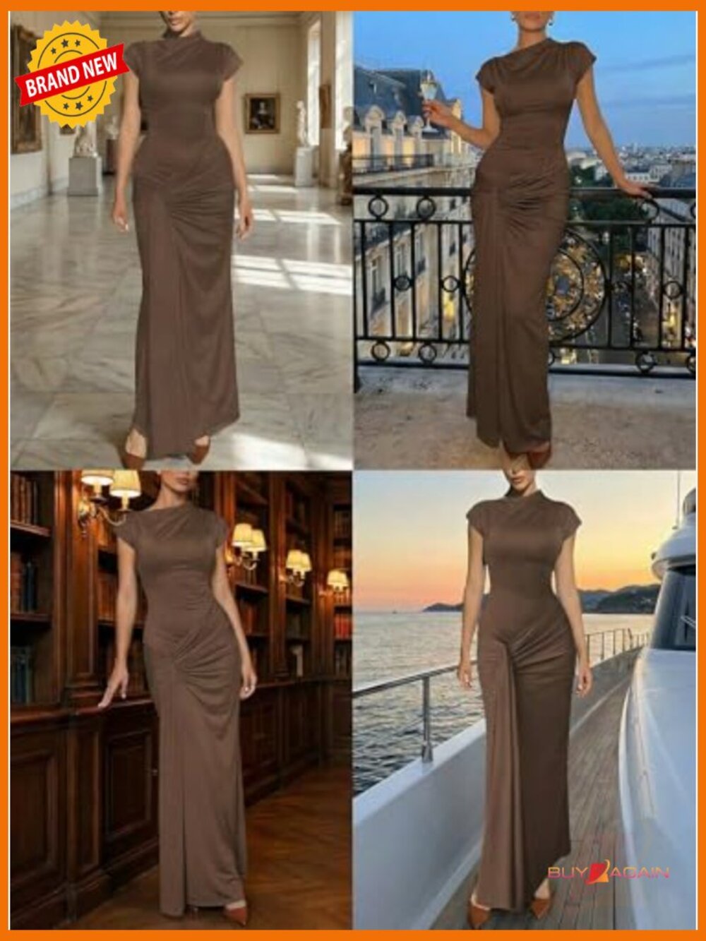 Bodycon Maxi Dress Mock Neck Lace Up Bandage Ruched Short Sleeve Cocktail Dress - Picture 5 of 7